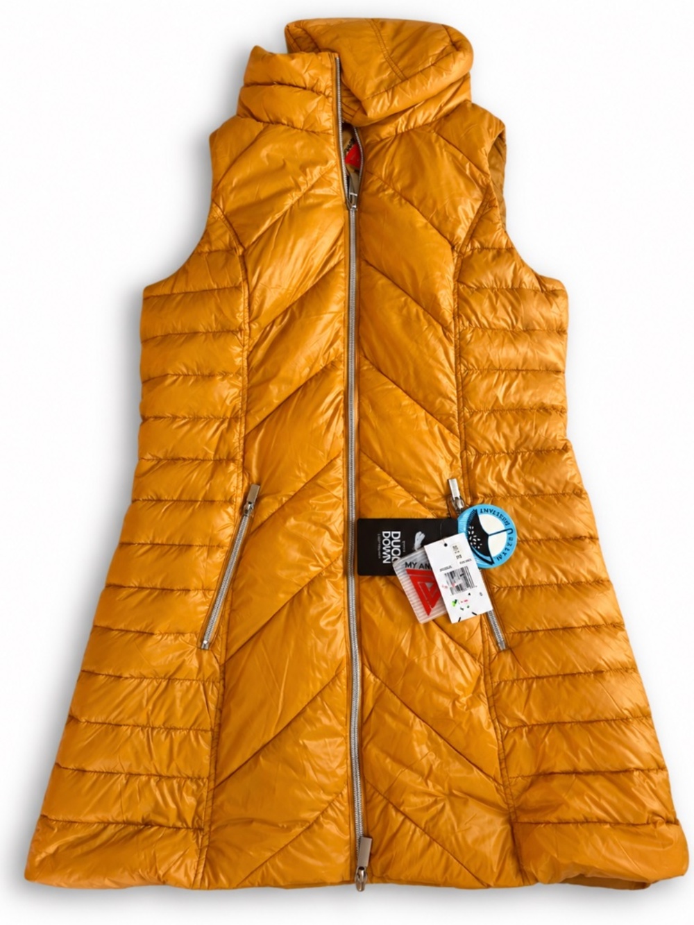 Anorak Down Vest Saffron Yellow Chevron Quilted Duck Down NWT S